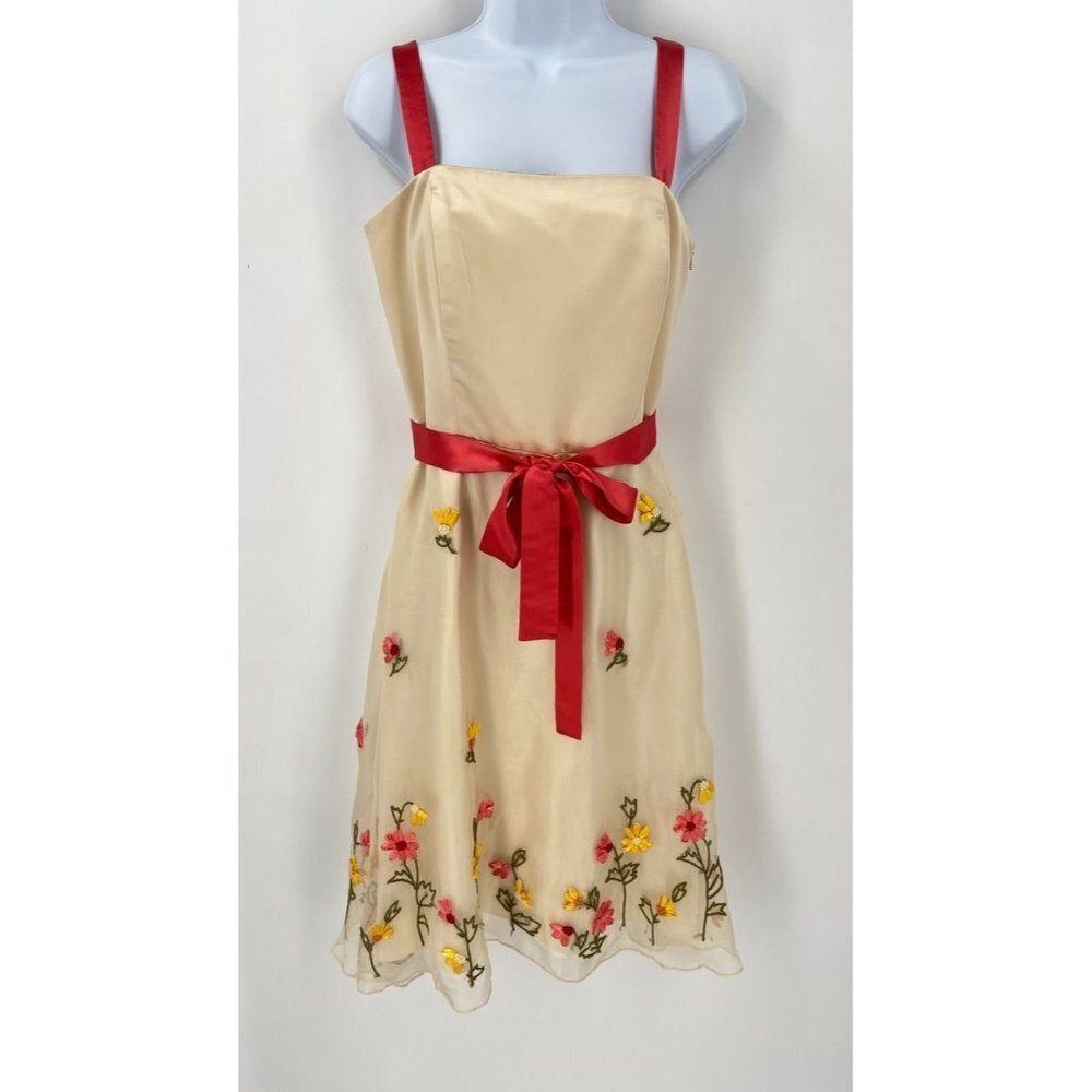 Spenser Jeremy Embroidered Chiffon Tea Dress Size 6 Floral Satin Ribbon Belt